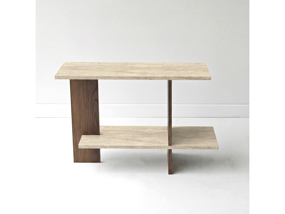 Beistelltisch aus Holz „Essenziale“ – 80 x 30 x 55 cm – Travertin / Nussbaum