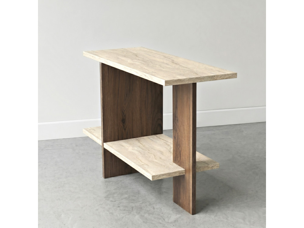 Beistelltisch aus Holz „Essenziale“ – 80 x 30 x 55 cm – Travertin / Nussbaum