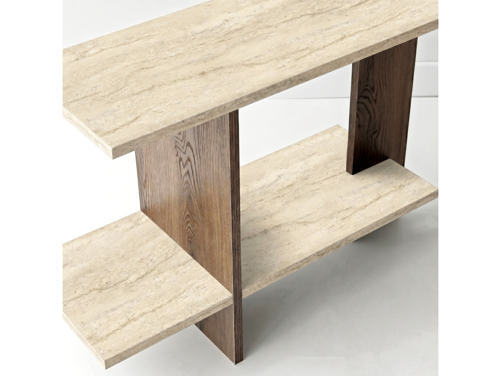 Beistelltisch aus Holz „Essenziale“ – 80 x 30 x 55 cm – Travertin / Nussbaum