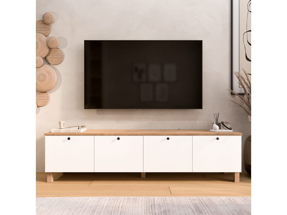 TV-Schrank aus Holz „Nord“ – 180 x 34 x 45 cm – Weiß / Eiche