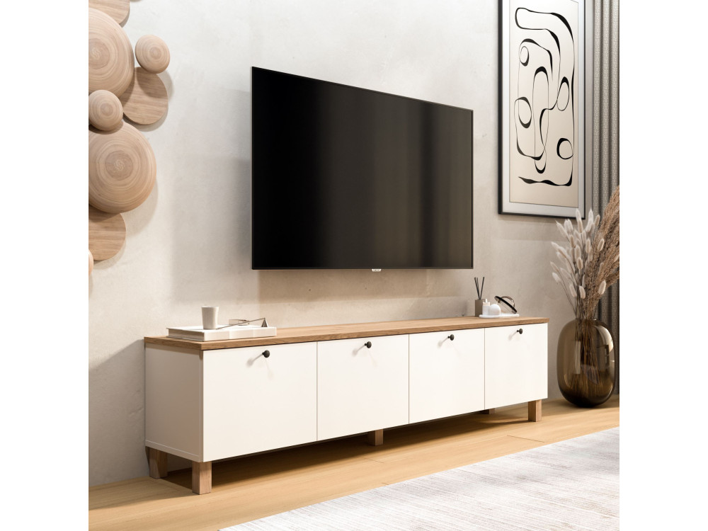 TV-Schrank aus Holz „Nord“ – 180 x 34 x 45 cm – Weiß / Eiche