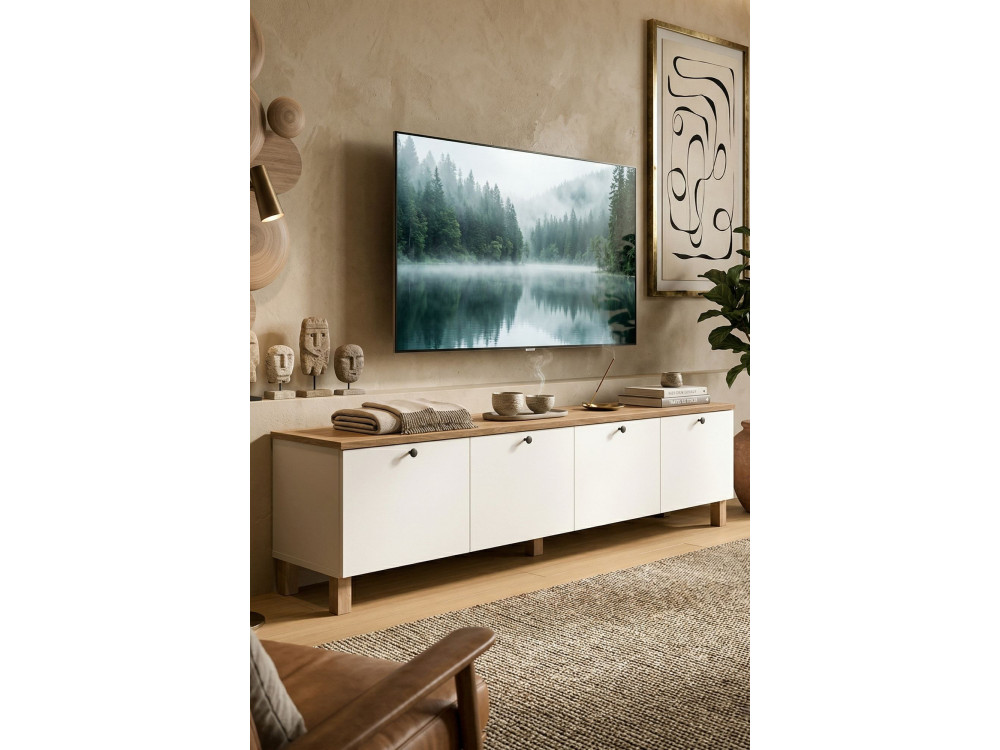 TV-Schrank aus Holz „Nord“ – 180 x 34 x 45 cm – Weiß / Eiche