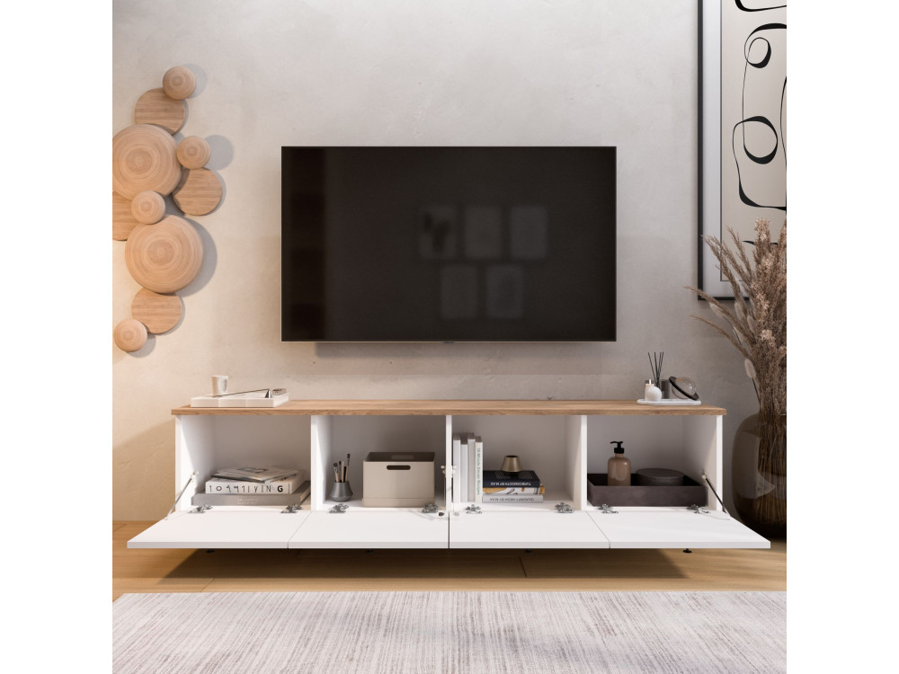 TV-Schrank aus Holz „Nord“ – 180 x 34 x 45 cm – Weiß / Eiche