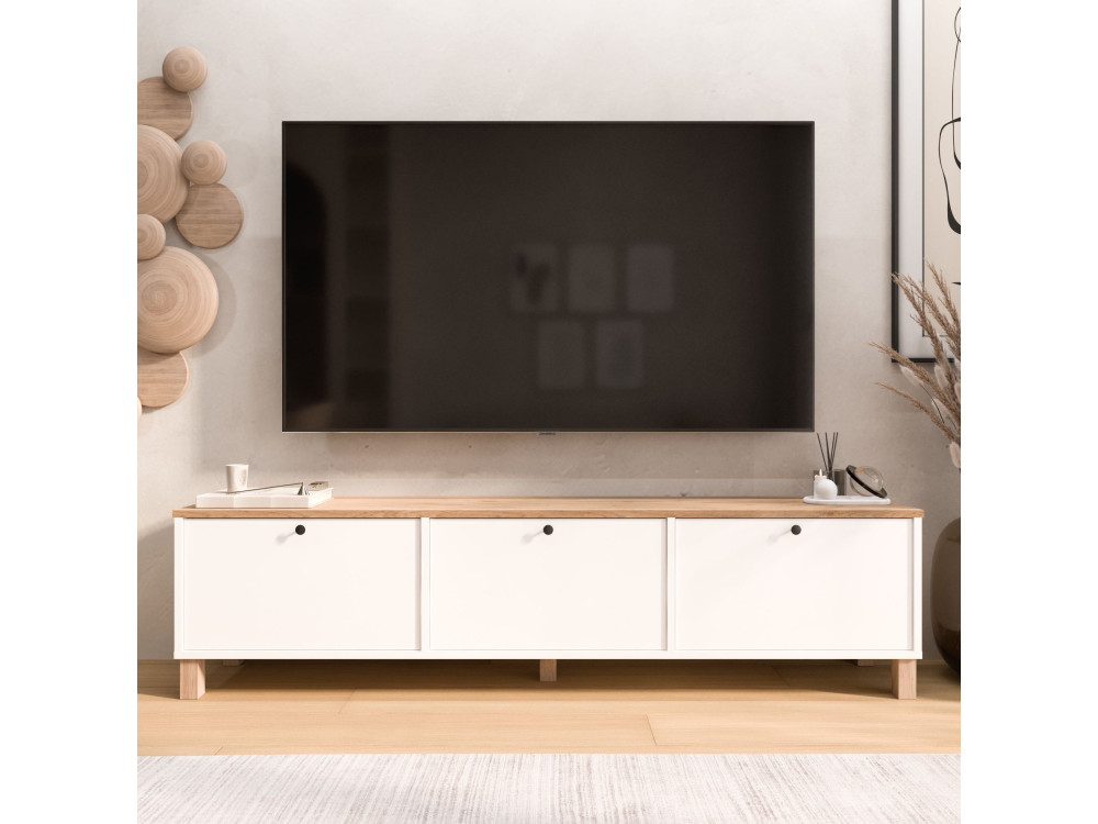 TV-Möbel aus Holz „Nord“ – 180 x 32 x 45 cm – Weiß / Eiche