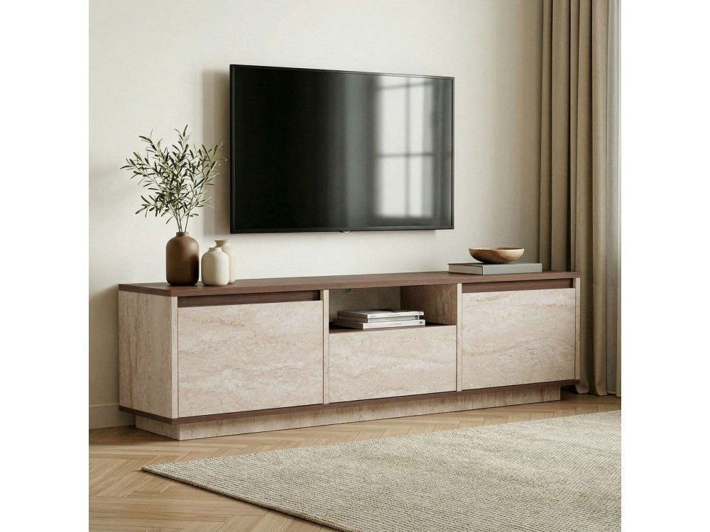 TV-Möbel aus Holz „Sentinel“ – 160 x 30 x 42 cm – Travertin / Nussbaum Milano