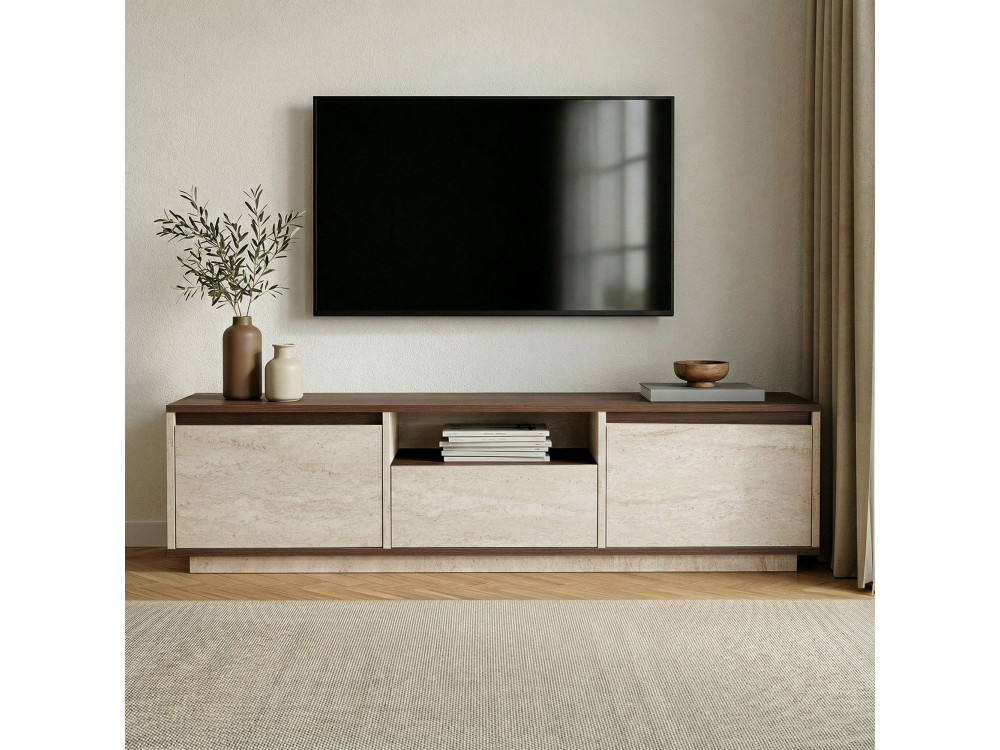 TV-Möbel aus Holz „Sentinel“ – 160 x 30 x 42 cm – Travertin / Nussbaum Milano