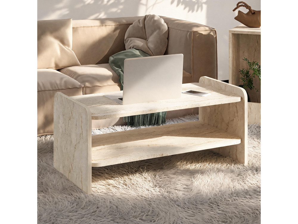 Holz-Couchtisch „Amon“ – 89,8 x 39,8 x 44,8 cm – Travertin
