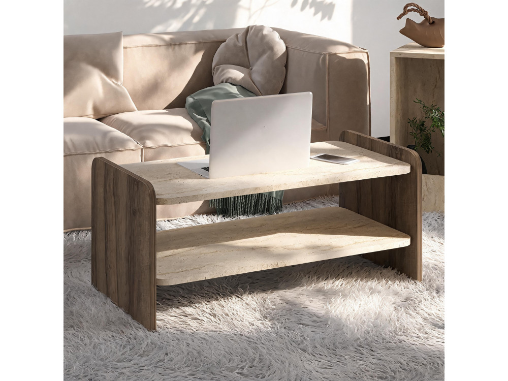 Holz-Couchtisch „Amon“ – 89,8 x 39,8 x 44,8 cm – Travertin / Antikes Nussbaumholz