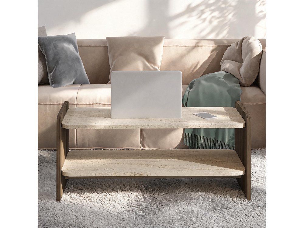 Holz-Couchtisch „Amon“ – 89,8 x 39,8 x 44,8 cm – Travertin / Antikes Nussbaumholz