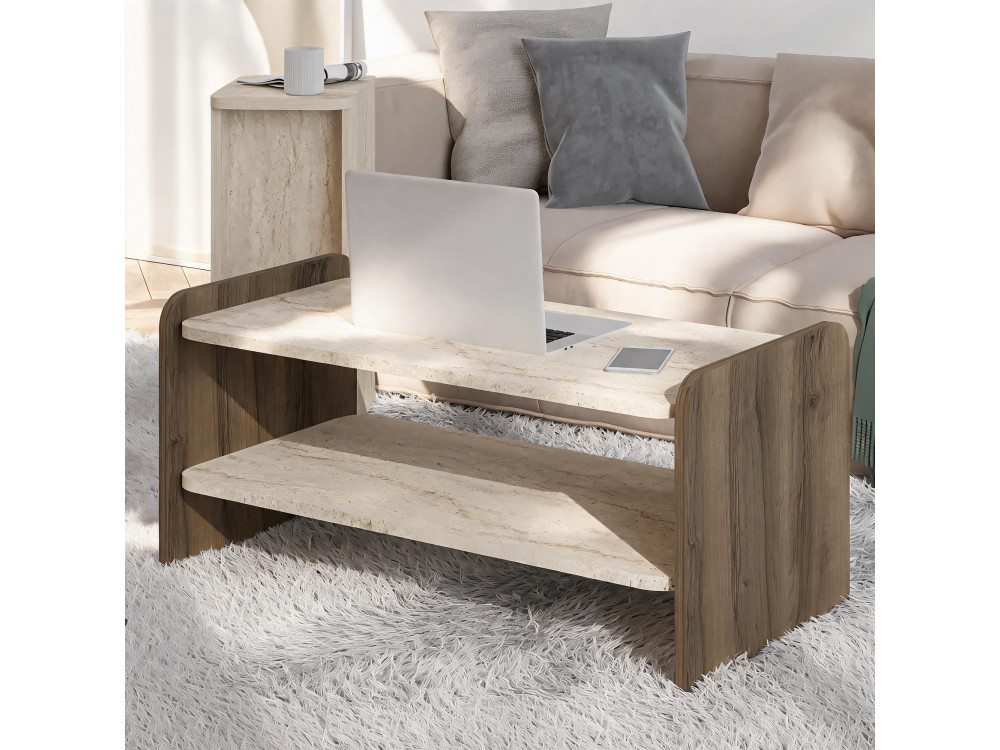 Holz-Couchtisch „Amon“ – 89,8 x 39,8 x 44,8 cm – Travertin / Antikes Nussbaumholz