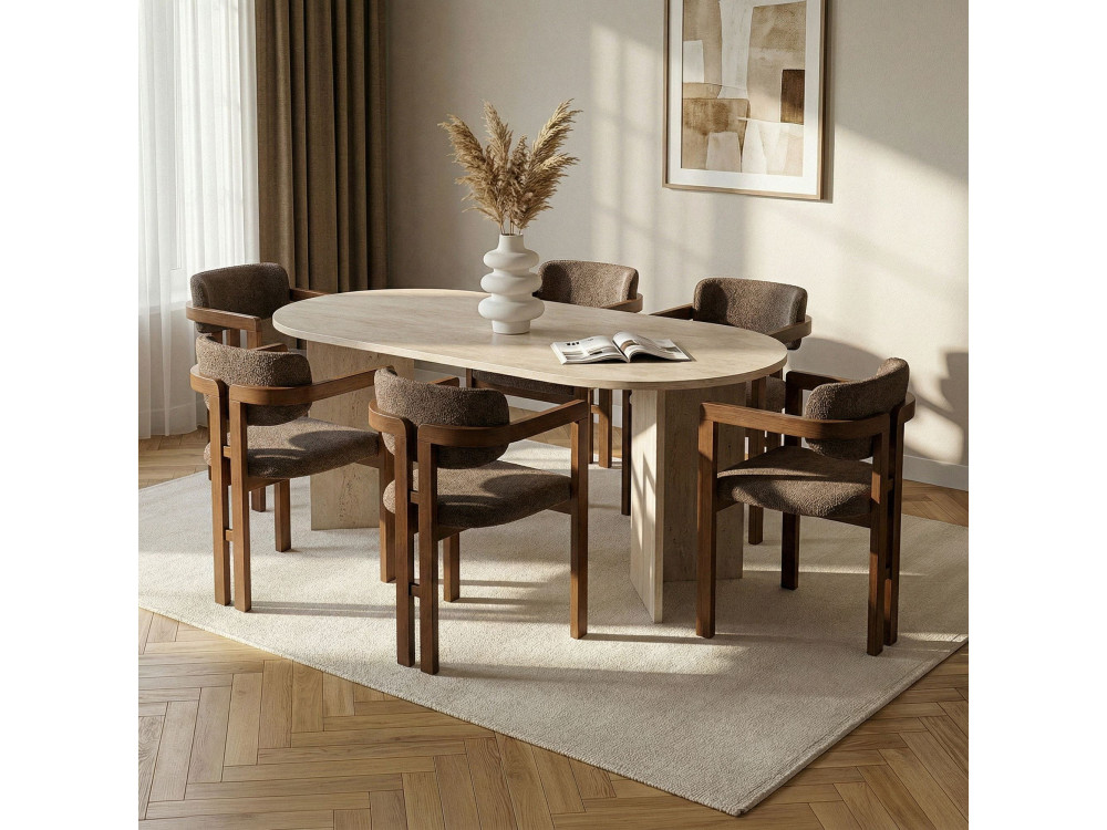 Esstisch- und Stuhlgarnitur (7-teilig) aus Holz „Meridia 6“ – 180 x 90 x 75 cm – Braun