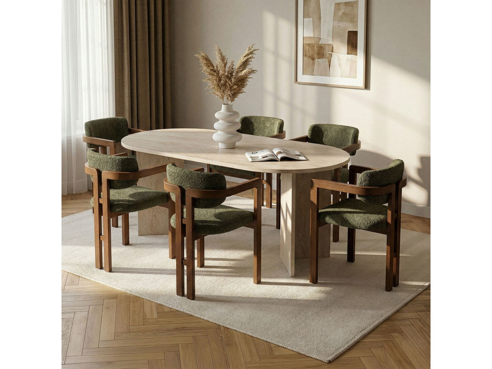 Esstisch- und Stuhlset (7-teilig) aus Holz „Meridia 6“ – 180 x 75 x 90 cm – Grün