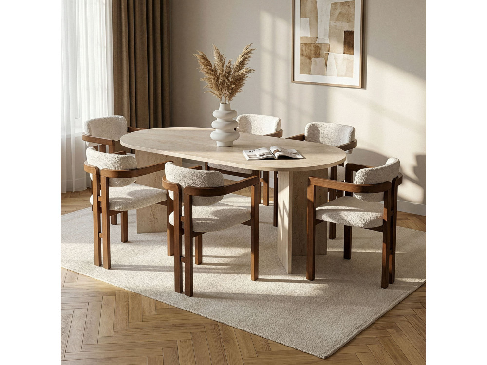 Esstisch- und Stuhlsatz (7-teilig) aus Holz „Meridia 6“ – 180 x 90 x 75 cm – Weiß