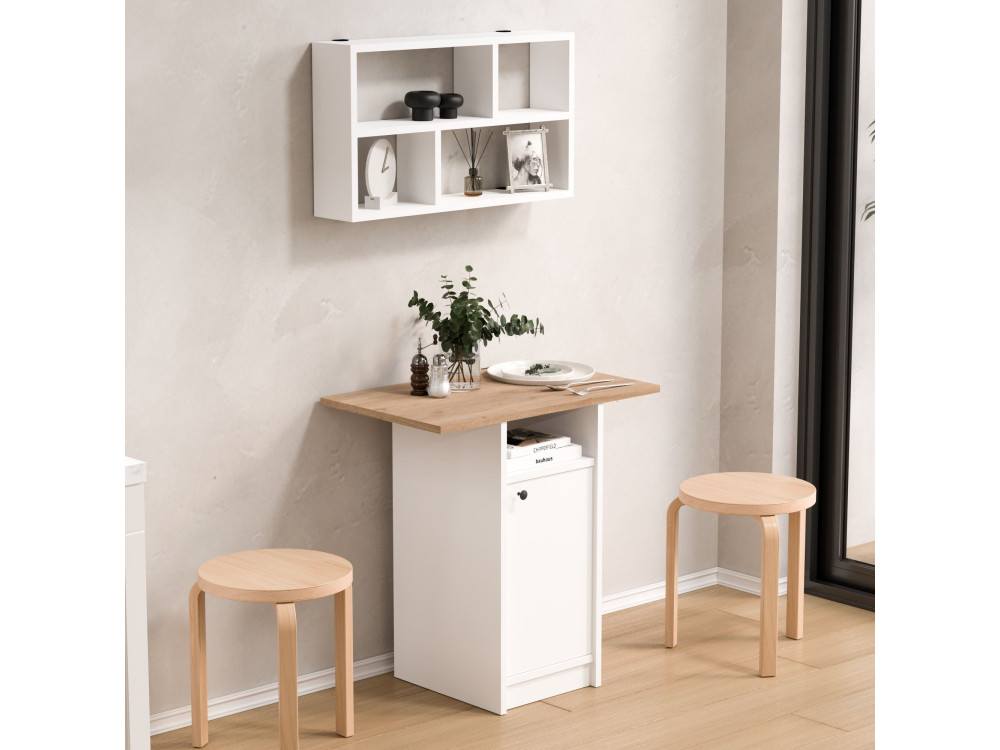 Esstisch- und Wandregal-Set (2-teilig) aus Holz „Nord“ – 72 x 44 x 74 cm – Weiß