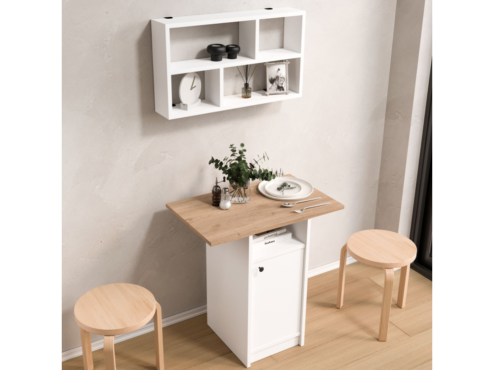 Esstisch- und Wandregal-Set (2-teilig) aus Holz „Nord“ – 72 x 44 x 74 cm – Weiß