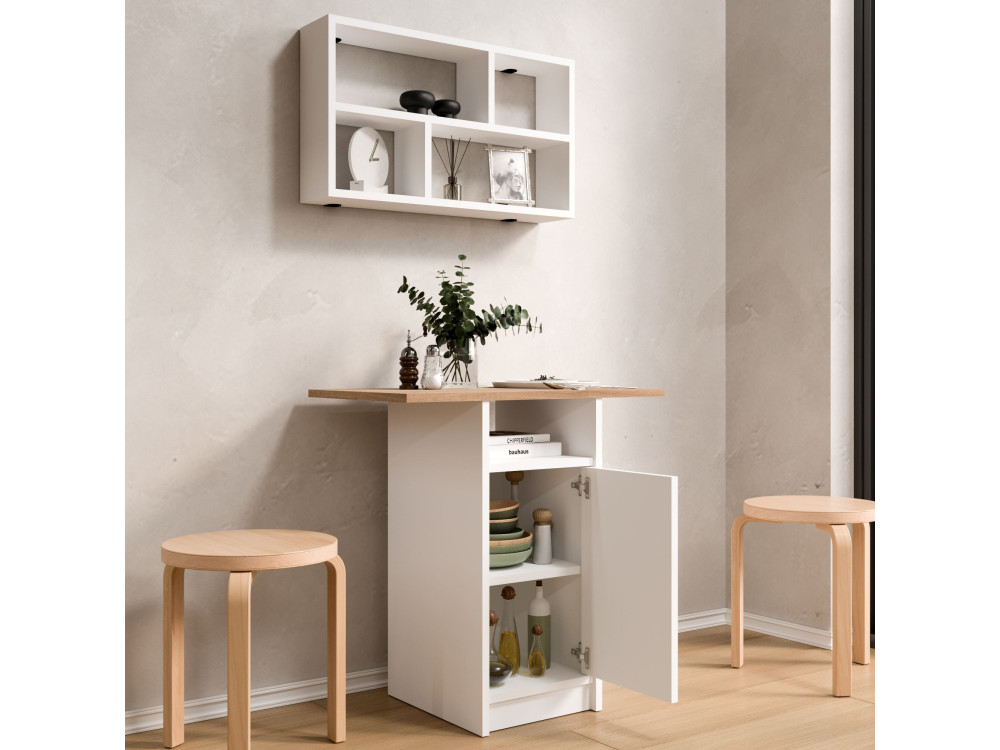 Esstisch- und Wandregal-Set (2-teilig) aus Holz „Nord“ – 72 x 44 x 74 cm – Weiß
