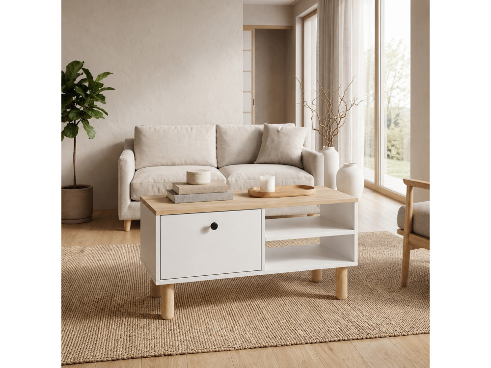 Holz-Couchtisch „Aris“ – 90 x 38,8 x 60 cm – Eiche Saphir / Weiß
