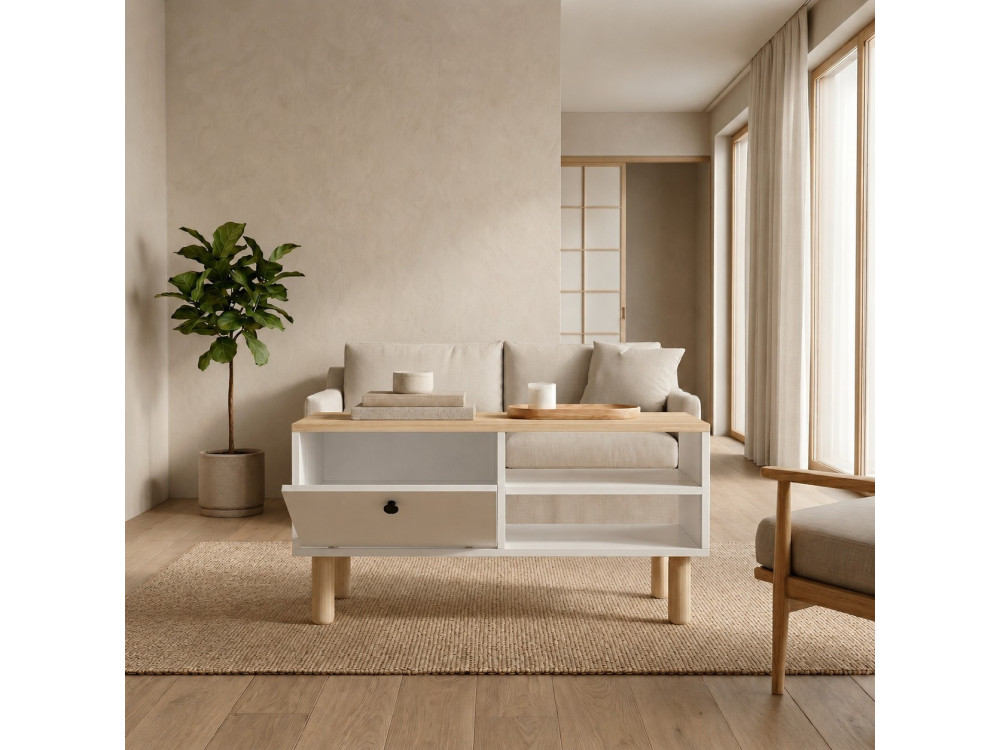 Holz-Couchtisch „Aris“ – 90 x 38,8 x 60 cm – Eiche Saphir / Weiß
