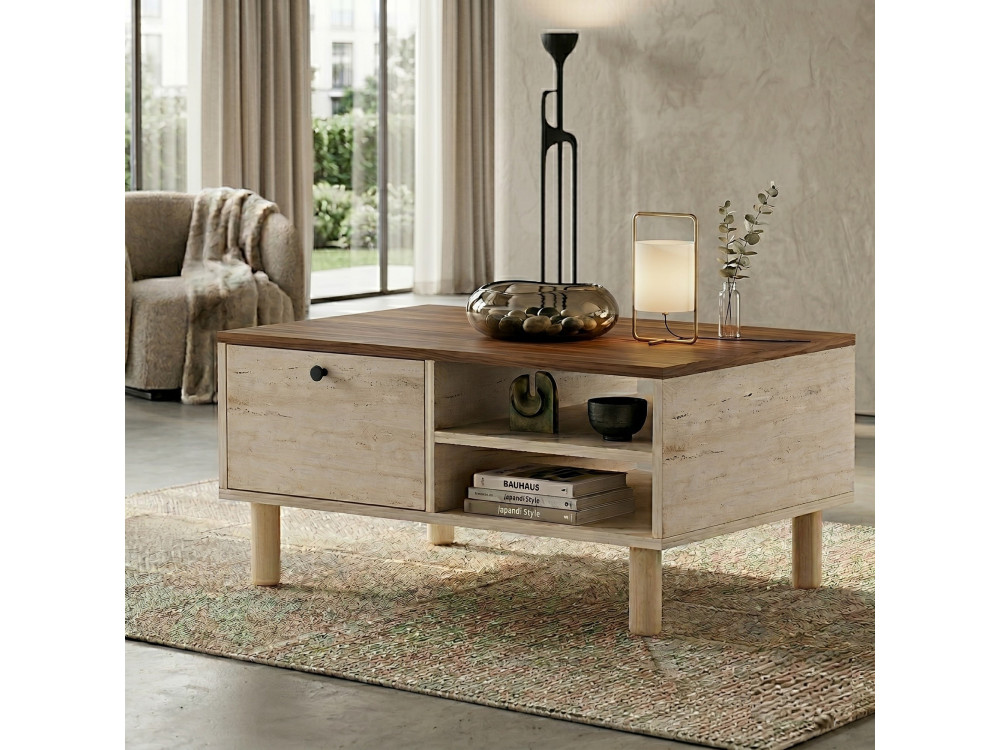 Holz-Couchtisch „Aris“ – 90 x 38,8 x 60 cm – Travertin / Nussbaum Venezia