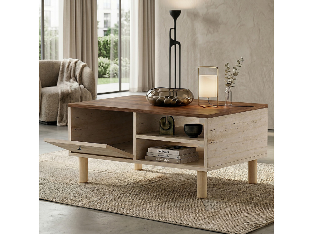 Holz-Couchtisch „Aris“ – 90 x 38,8 x 60 cm – Travertin / Nussbaum Venezia