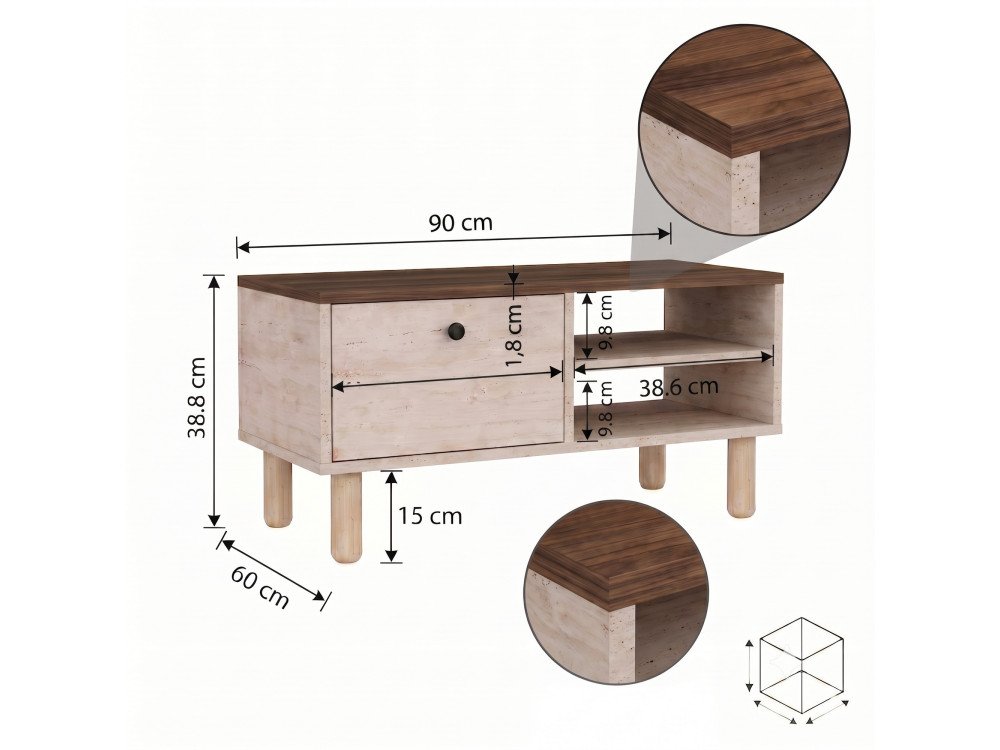 Holz-Couchtisch „Aris“ – 90 x 38,8 x 60 cm – Travertin / Nussbaum Venezia