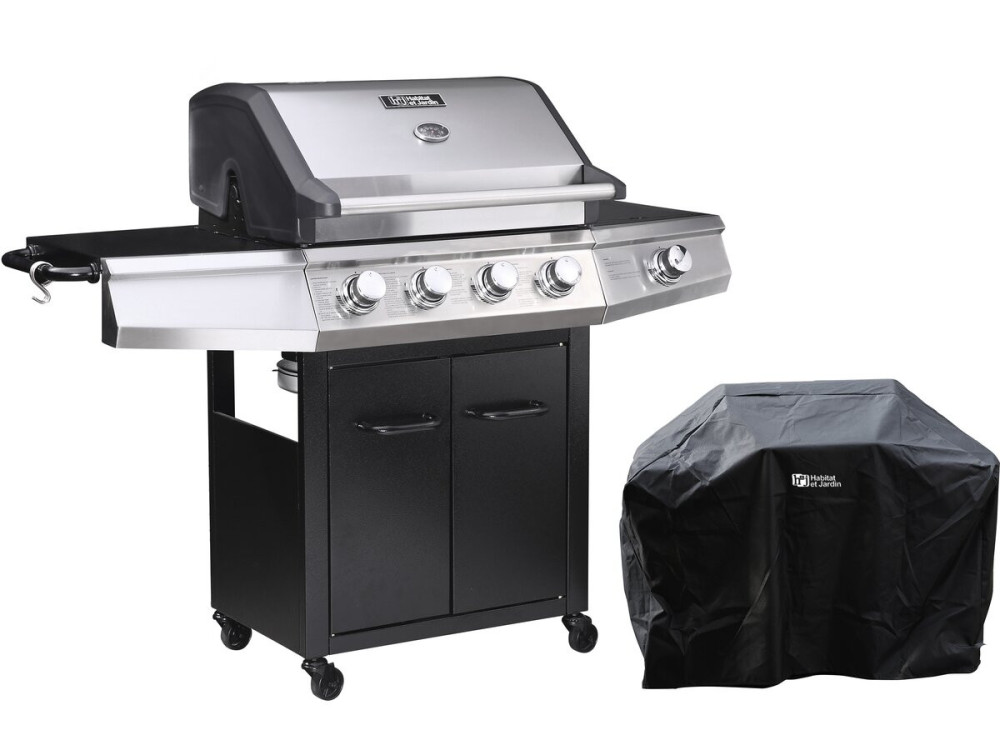 Gasgrill "Bingo 5" - 5 Brenner davon 1 Seitenbrenner - 15,2 kW + Schutzhülle - Schwarz