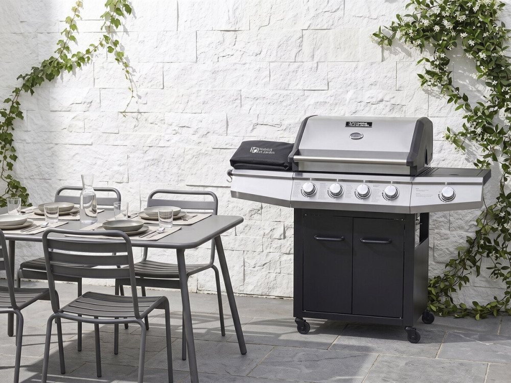 Gasgrill "Bingo 5" - 5 Brenner davon 1 Seitenbrenner - 15,2 kW + Schutzhülle - Schwarz