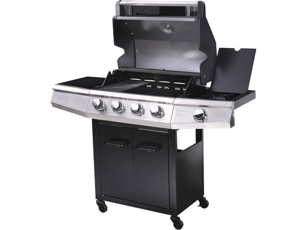 Gasgrill "Bingo 5" - 5 Brenner davon 1 Seitenbrenner - 15,2 kW + Schutzhülle - Schwarz