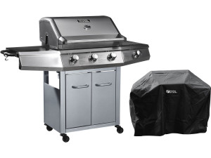 Gasgrill "Bingo 4" - 4 Brenner davon 1 Seitenbrenner - 14 kW + Schutzhülle - Silberfarben