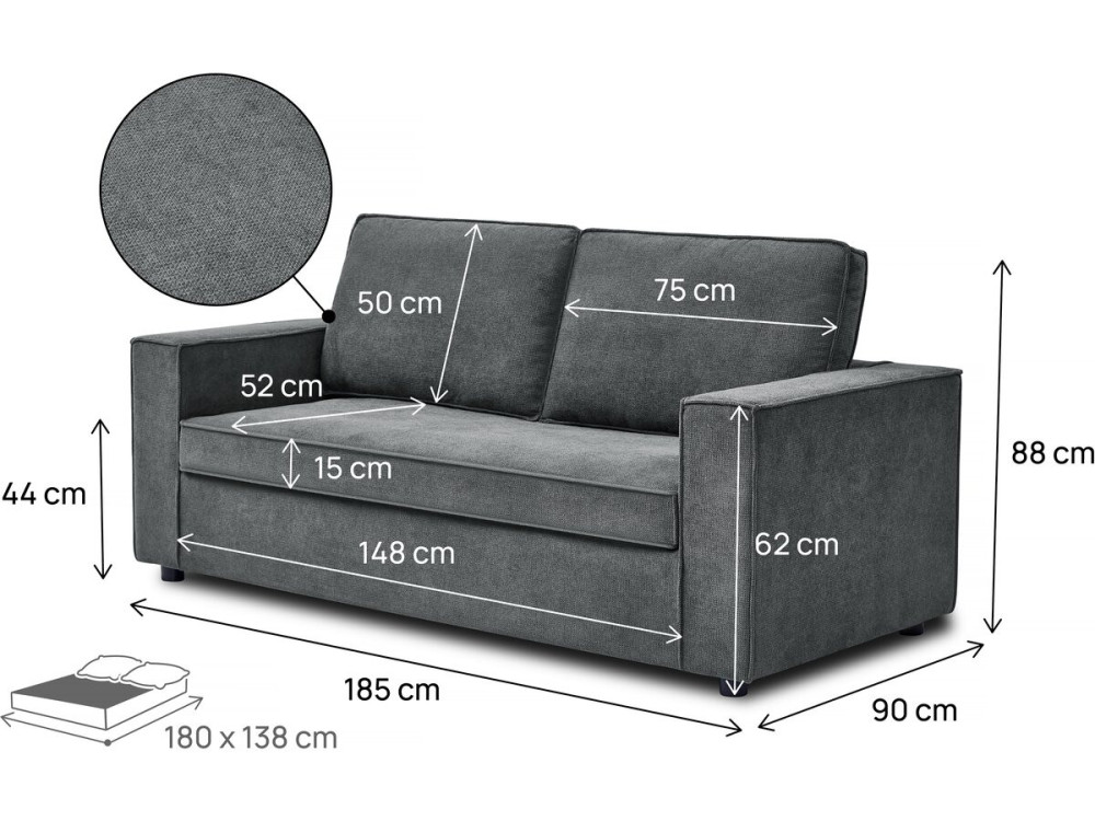 Express-Schlafsofa "Clara" aus Stoff, 185 x 90 x 88 cm - Grau