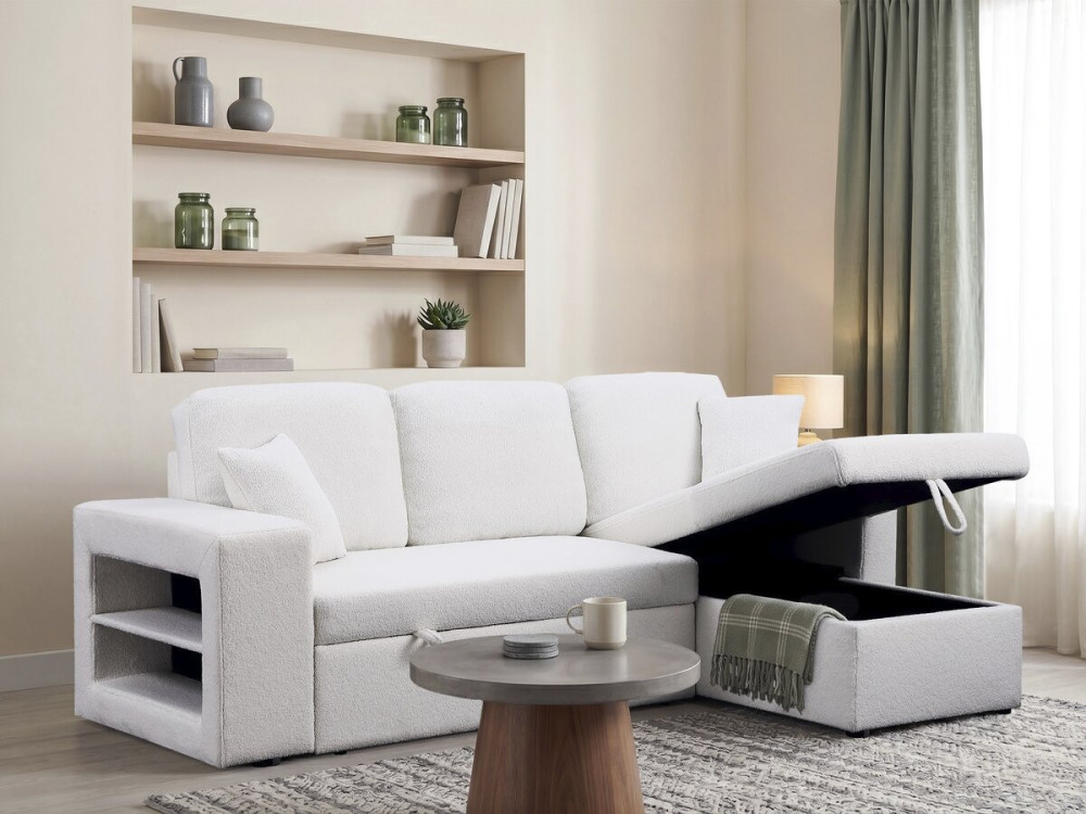 Ecksofa aus Bouclé-Stoff mit Schlaffunktion "Axel" - 3-Sitzer - Weiß