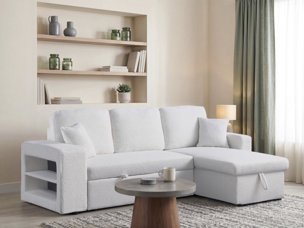 Ecksofa aus Bouclé-Stoff mit Schlaffunktion "Axel" - 3-Sitzer - Weiß