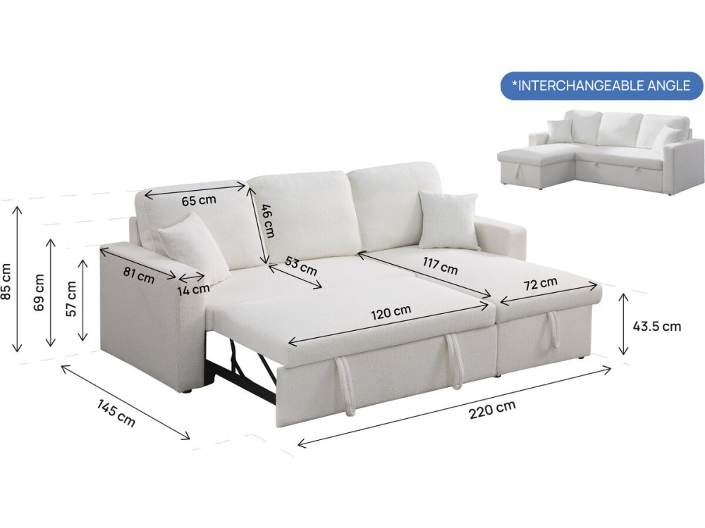 Ecksofa reversibel mit Schlaffunktion und Stauraum „Alain“ - 3-Sitzer - Bouclé-Stoff -  Weiß