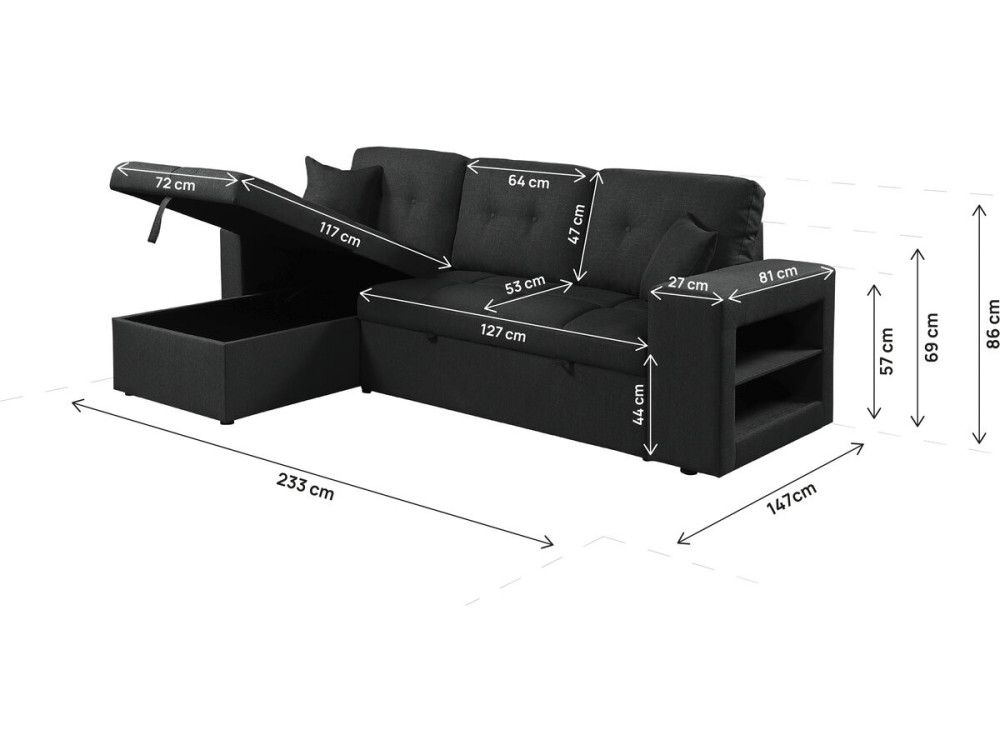 Ecksofa, umbaubar/wendebar, Stoff, Bubble-Stil, "Axel", 3-Sitzer, Schwarz