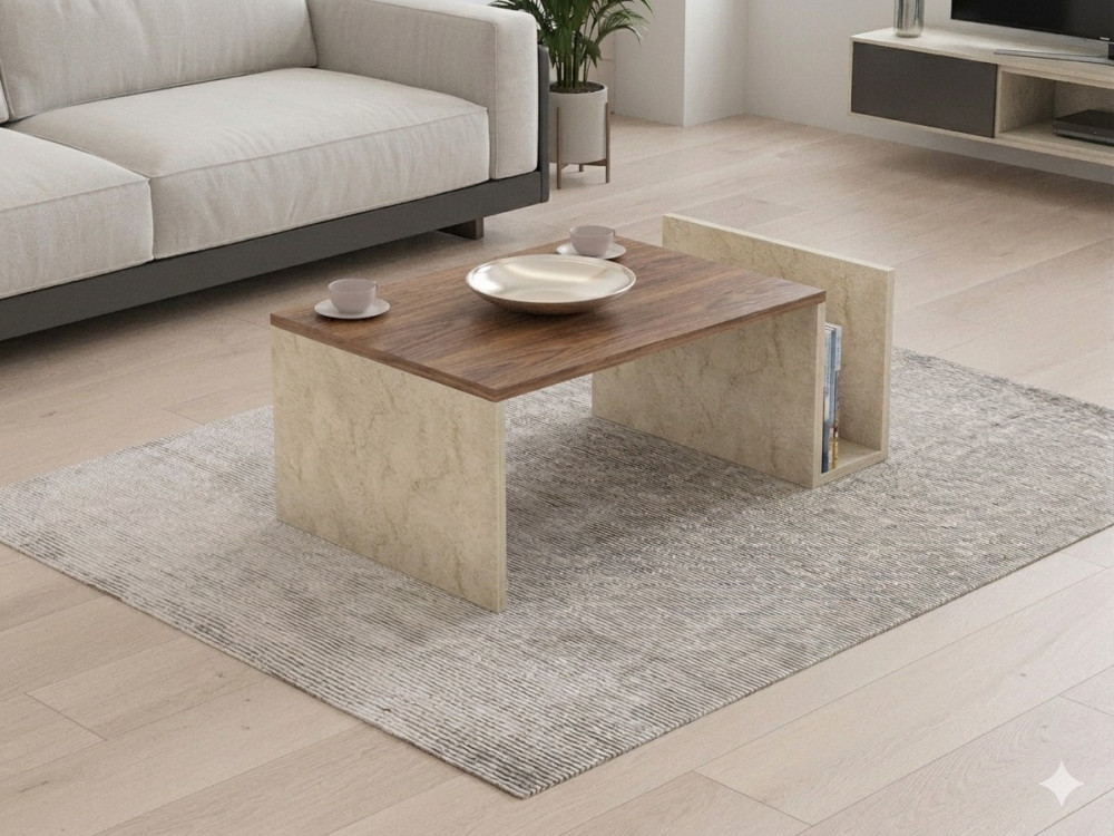 Holz-Couchtisch „Memo“ – 86,8 x 32,4 x 50 cm – Travertin / Nussbaum Venezia