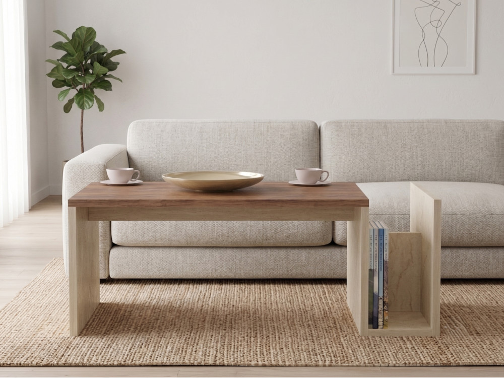 Holz-Couchtisch „Memo“ – 86,8 x 32,4 x 50 cm – Travertin / Nussbaum Venezia