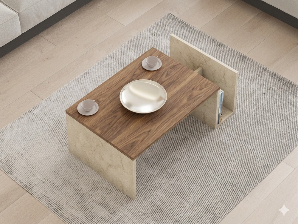 Holz-Couchtisch „Memo“ – 86,8 x 32,4 x 50 cm – Travertin / Nussbaum Venezia
