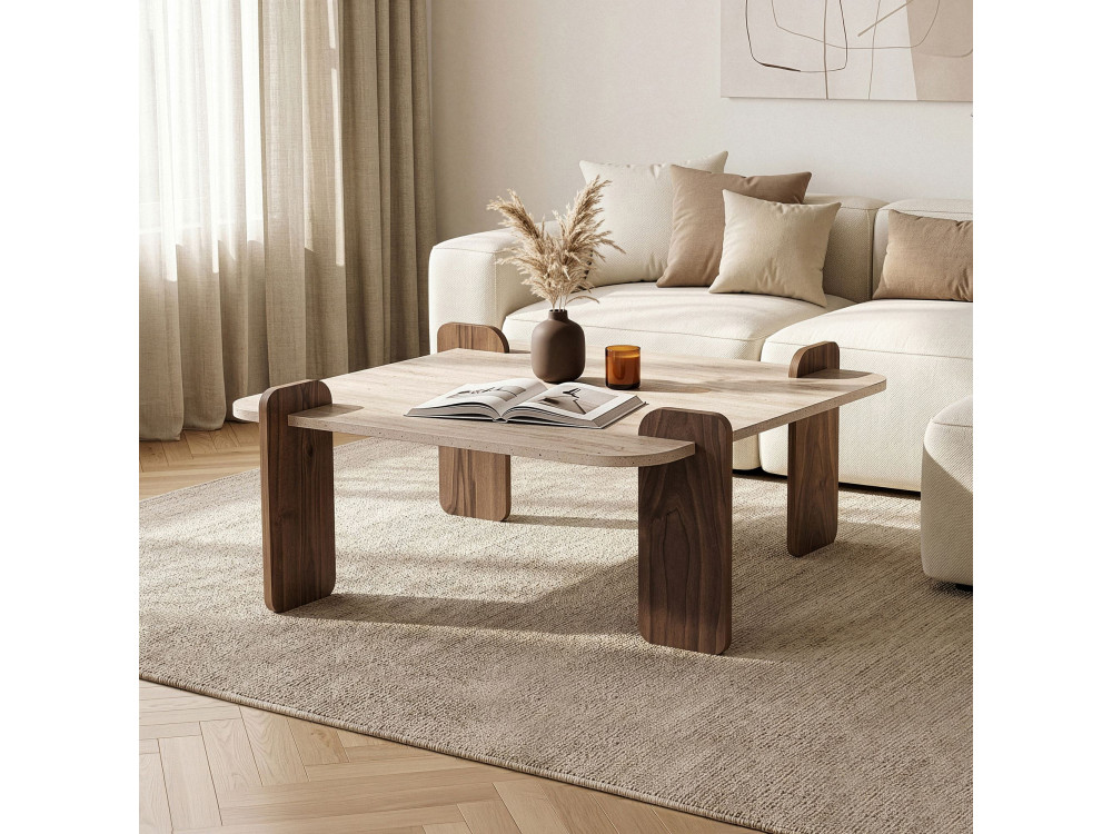 Holz-Couchtisch „Marais“ – 117 x 35 x 117 cm – Travertin / Nussbaum Venezia