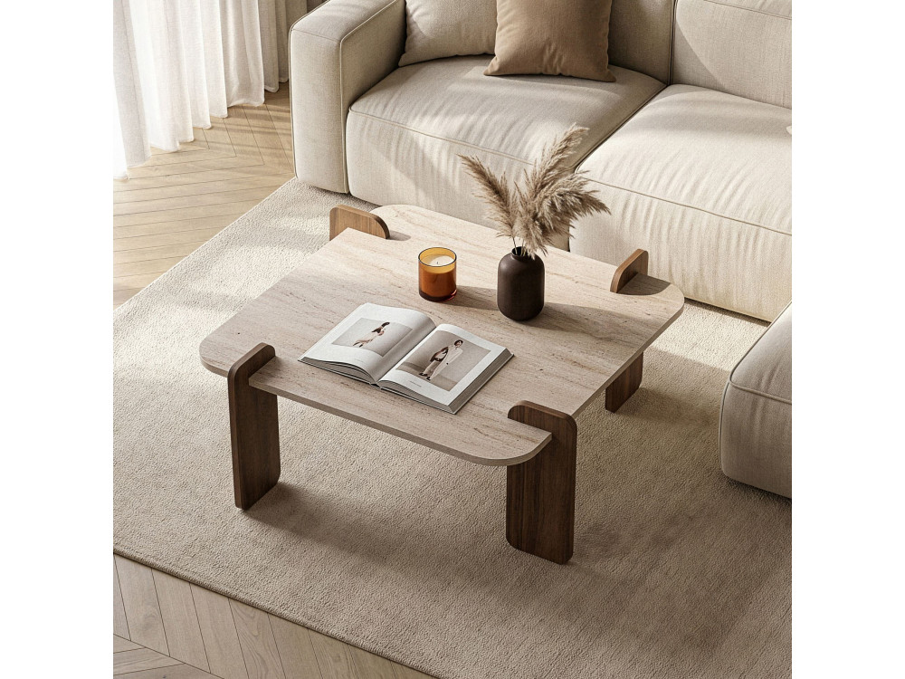 Holz-Couchtisch „Marais“ – 117 x 35 x 117 cm – Travertin / Nussbaum Venezia