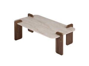 Holz-Couchtisch „Renard“ – 147 x 35 x 87 cm – Travertin / Nussbaum Venezia