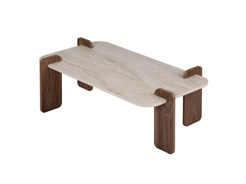 Holz-Couchtisch „Renard“ – 147 x 35 x 87 cm – Travertin / Nussbaum Venezia