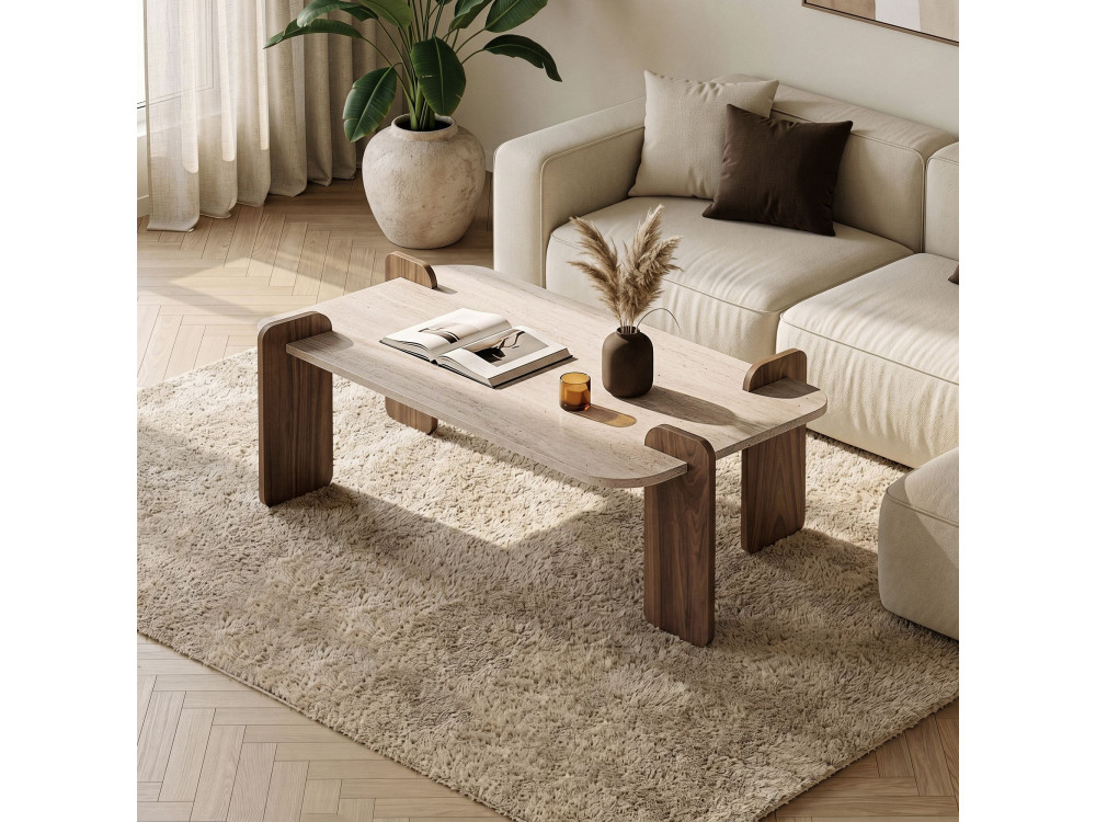 Holz-Couchtisch „Renard“ – 147 x 35 x 87 cm – Travertin / Nussbaum Venezia
