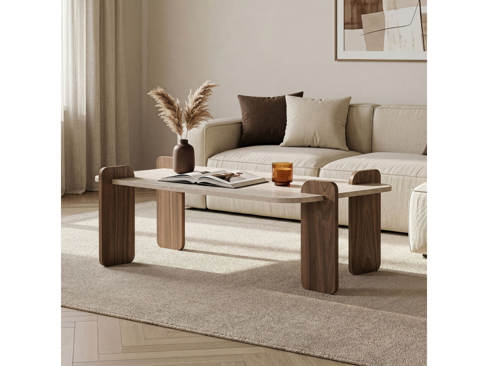 Holz-Couchtisch „Renard“ – 147 x 35 x 87 cm – Travertin / Nussbaum Venezia