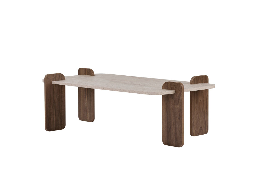 Holz-Couchtisch „Renard“ – 147 x 35 x 87 cm – Travertin / Nussbaum Venezia