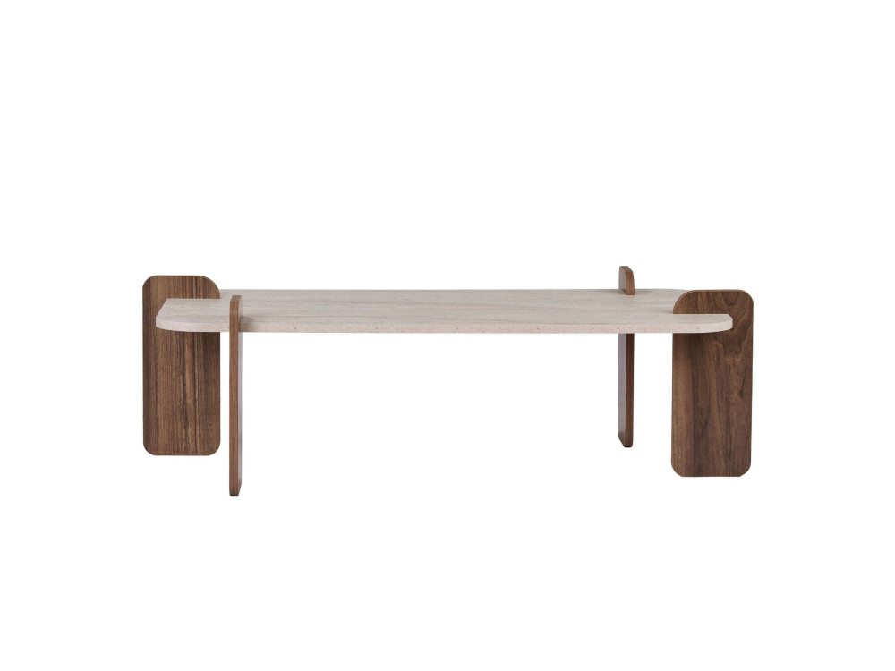 Holz-Couchtisch „Renard“ – 147 x 35 x 87 cm – Travertin / Nussbaum Venezia