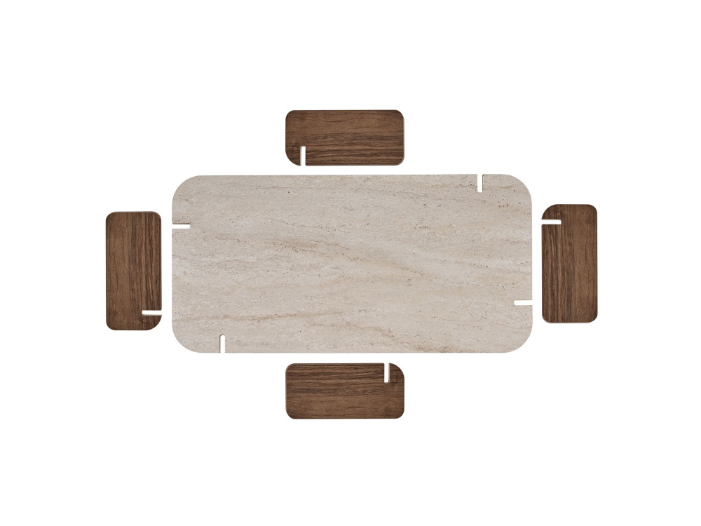 Holz-Couchtisch „Renard“ – 147 x 35 x 87 cm – Travertin / Nussbaum Venezia