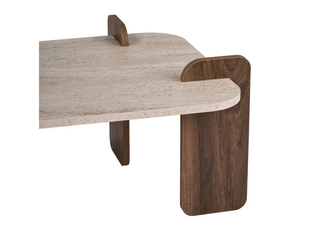 Holz-Couchtisch „Renard“ – 147 x 35 x 87 cm – Travertin / Nussbaum Venezia