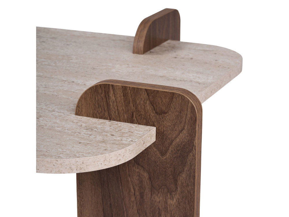 Holz-Couchtisch „Renard“ – 147 x 35 x 87 cm – Travertin / Nussbaum Venezia