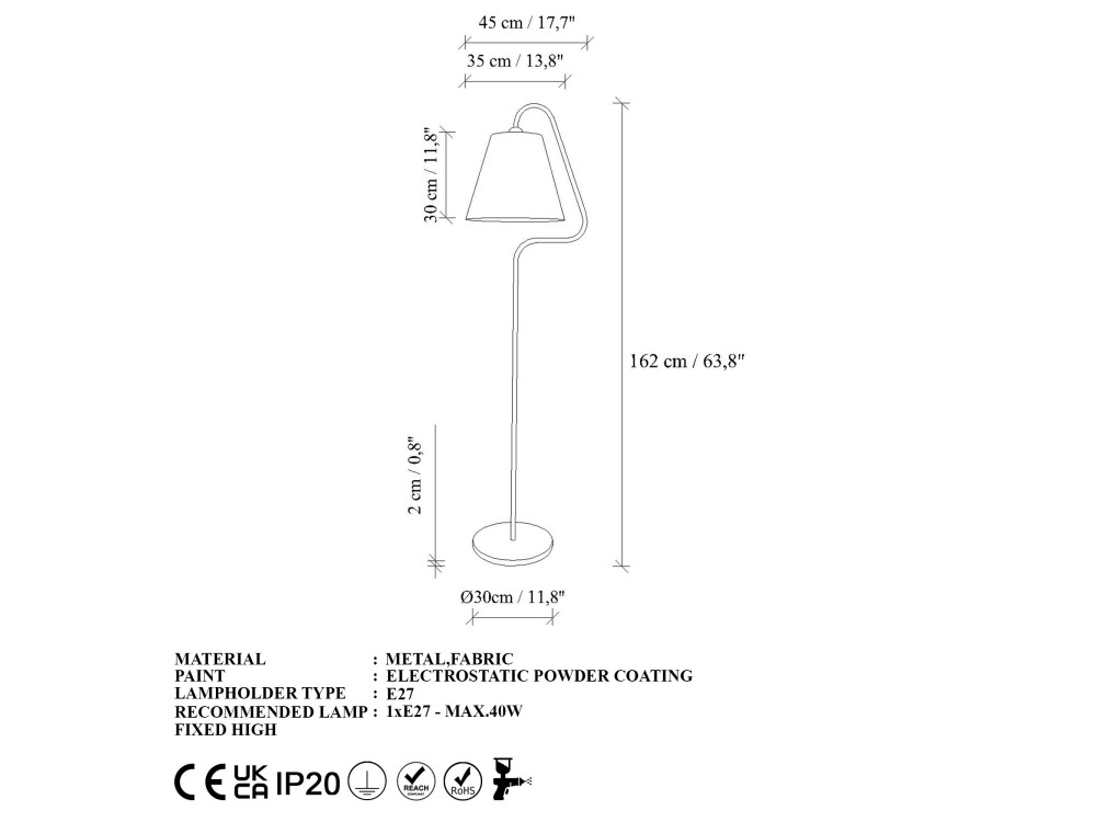 Metall-Stehlampe „Altur“ – 45 x 35 x 162 cm – Weiß