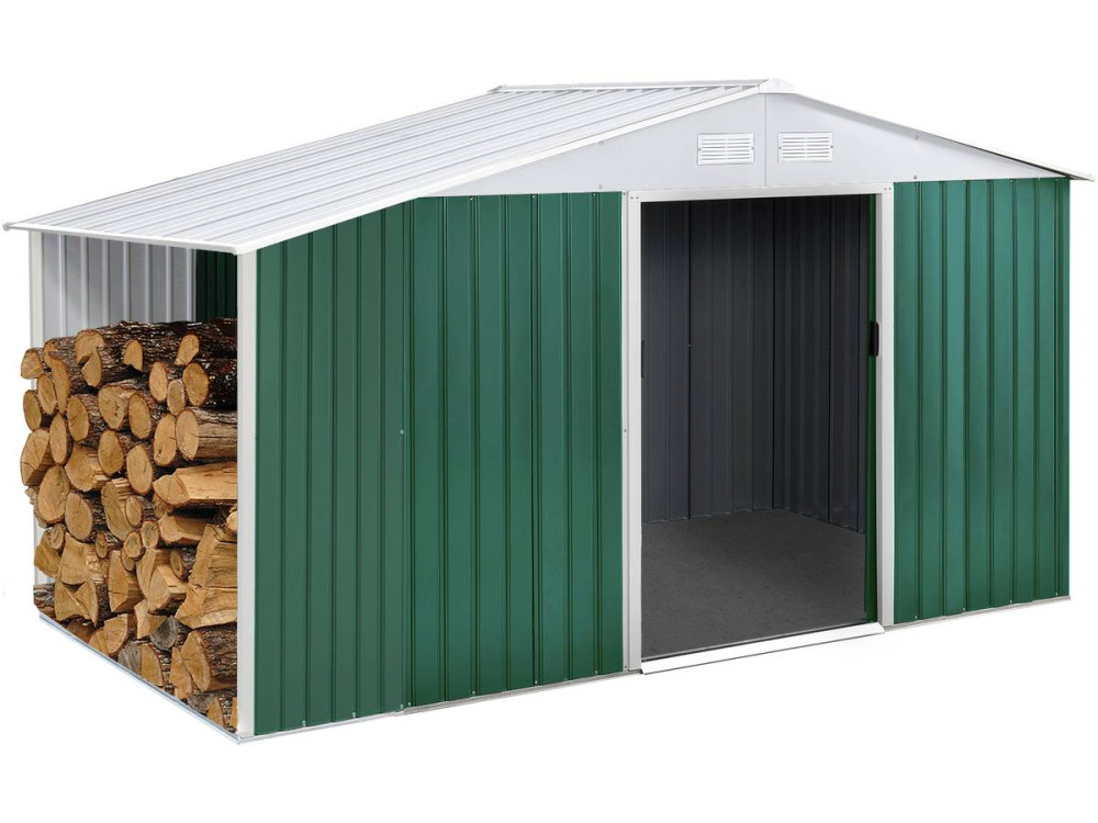 Gerätehaus aus Metall "Rosas" 4,07 m² mit Holzunterstand - Grün